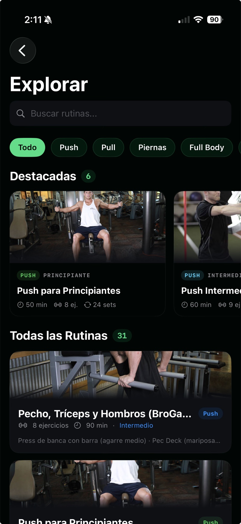 Explorador de rutinas prearmadas por nivel y objetivo