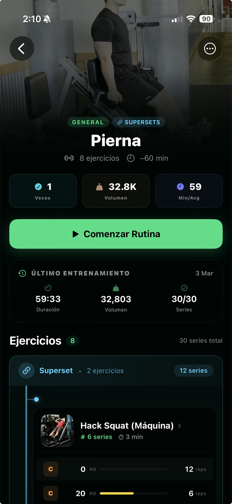 Detalle de una rutina de pierna con superseries
