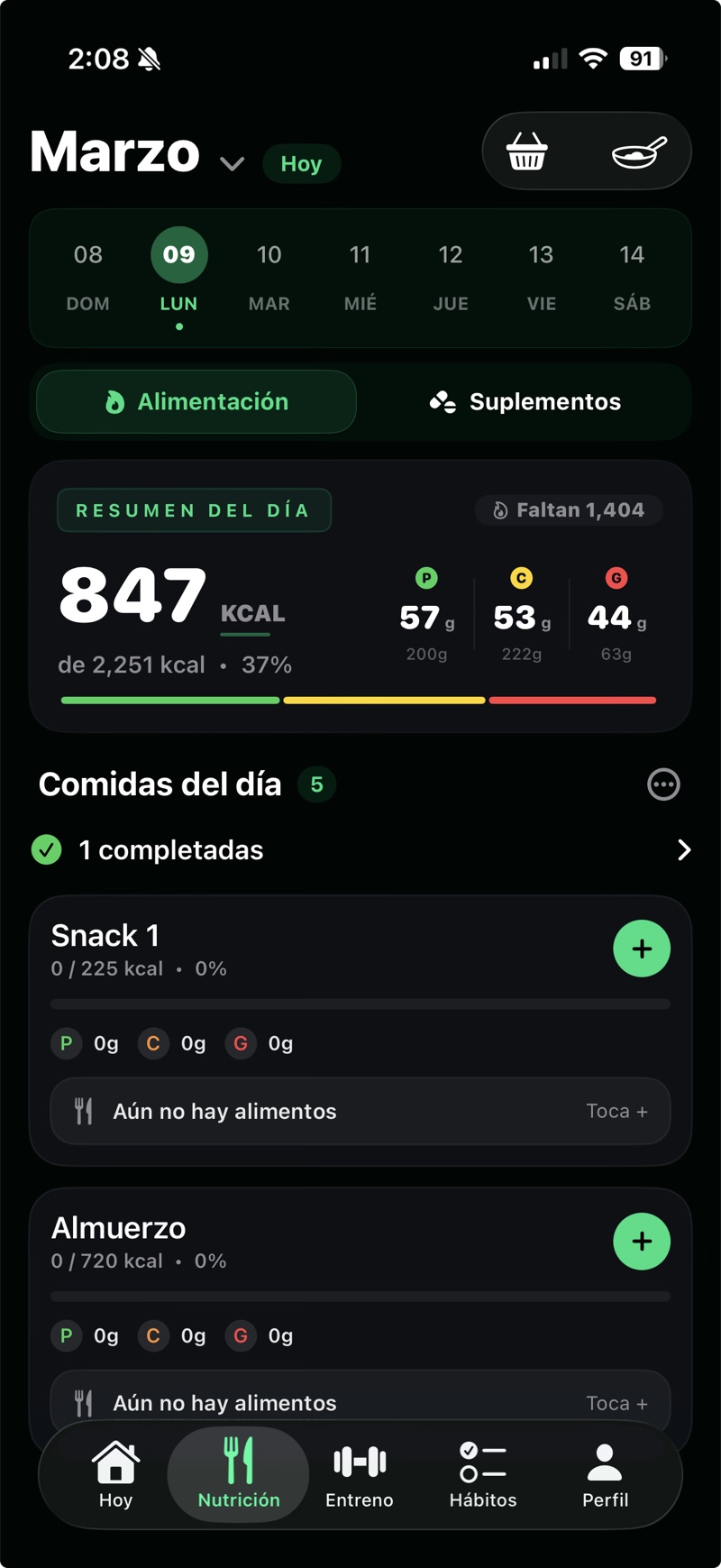 Pantalla de nutrición con el resumen del día