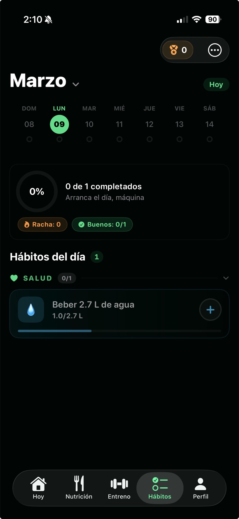 Pantalla de hábitos del día